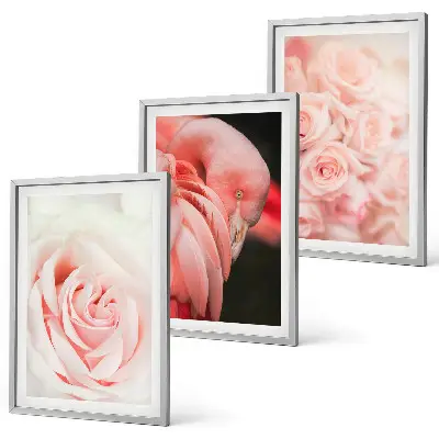 Wanddecoratieset schilderijen met zachte pastelkleurige rozen en flamingo's