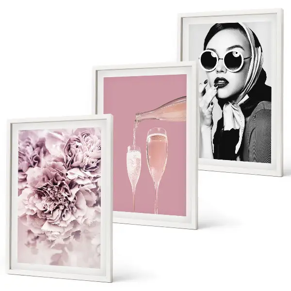 Wanddecoratieset met schilderijen roze bloemen en een elegante dame