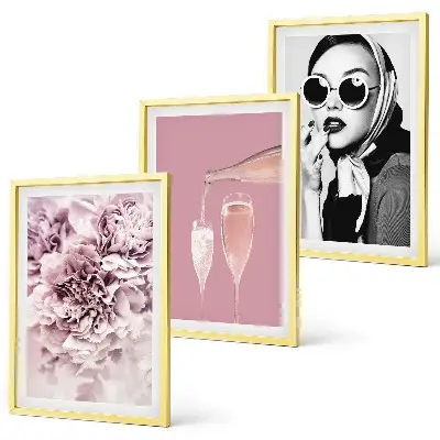 Wanddecoratieset met schilderijen roze bloemen en een elegante dame