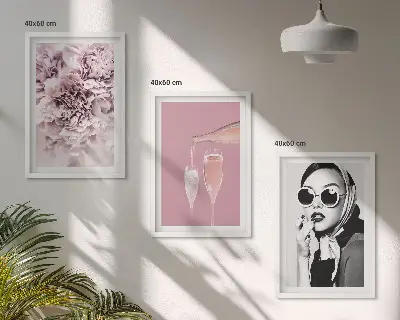 Wanddecoratieset met schilderijen roze bloemen en een elegante dame