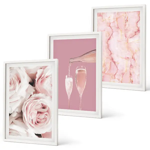 Wanddecoratieset met schilderijen champagneroze met een marmeren achtergrond