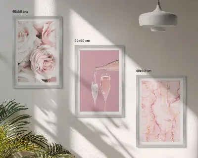 Wanddecoratieset met schilderijen champagneroze met een marmeren achtergrond