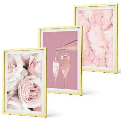 Wanddecoratieset met schilderijen champagneroze met een marmeren achtergrond