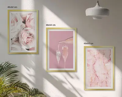 Wanddecoratieset met schilderijen champagneroze met een marmeren achtergrond