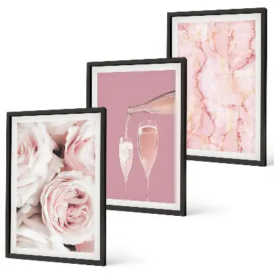 Wanddecoratieset met schilderijen champagneroze met een marmeren achtergrond