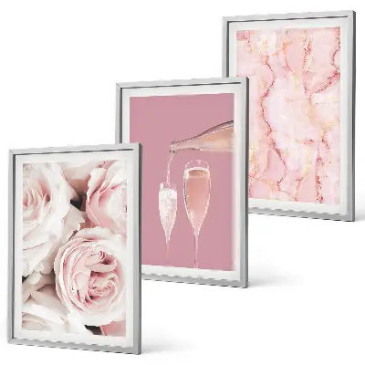 Wanddecoratieset met schilderijen champagneroze met een marmeren achtergrond