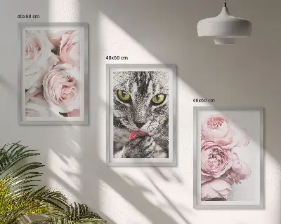 Wanddecoratieset schilderijen kat tussen de roze bloemen