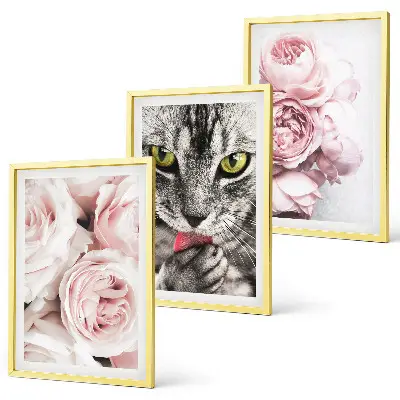 Wanddecoratieset schilderijen kat tussen de roze bloemen
