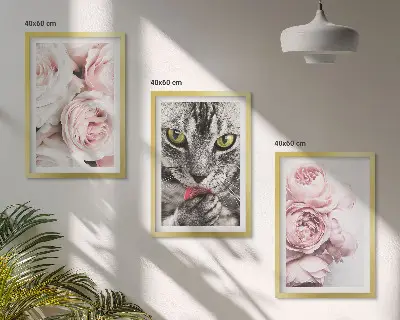 Wanddecoratieset schilderijen kat tussen de roze bloemen