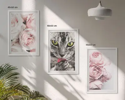 Wanddecoratieset schilderijen kat tussen de roze bloemen