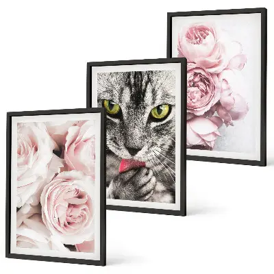 Wanddecoratieset schilderijen kat tussen de roze bloemen