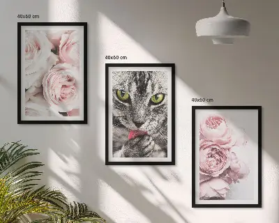 Wanddecoratieset schilderijen kat tussen de roze bloemen