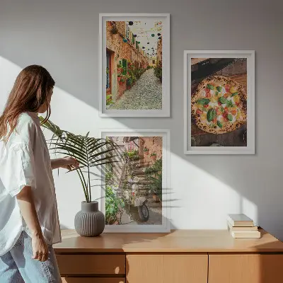 Wanddecoratieset met schilderijen charmante straatjes met pizza