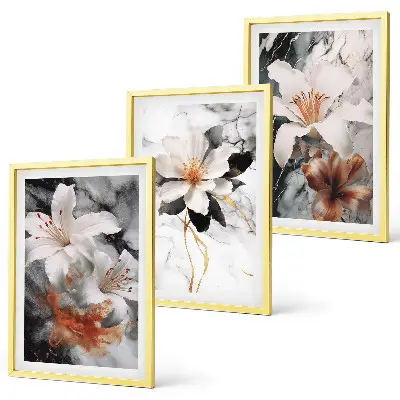 Wanddecoratieset schilderijen met bloemen in marmer wit en zwart