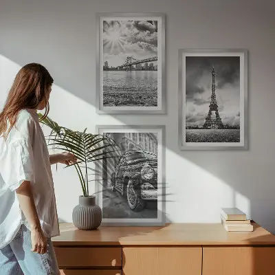 Wanddecoratie set schilderijen met stadsgezichten van bruggen en de Eiffeltoren