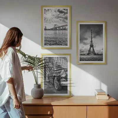 Wanddecoratie set schilderijen met stadsgezichten van bruggen en de Eiffeltoren