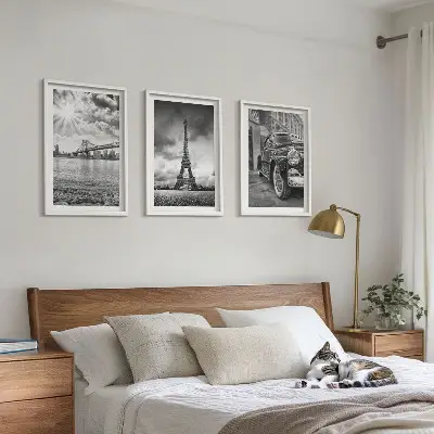 Wanddecoratie set schilderijen met stadsgezichten van bruggen en de Eiffeltoren
