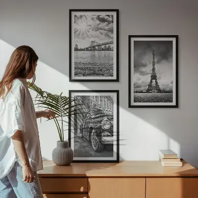 Wanddecoratie set schilderijen met stadsgezichten van bruggen en de Eiffeltoren