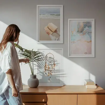 Fotowand abstracte print met zee en boeken in boho stijl