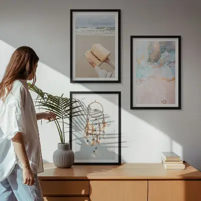 Fotowand abstracte print met zee en boeken in boho stijl