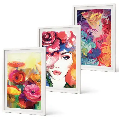 Wanddecoratieset met schilderijen intensieve bloemen en vrouwenportret