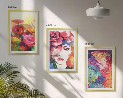Wanddecoratieset met schilderijen intensieve bloemen en vrouwenportret