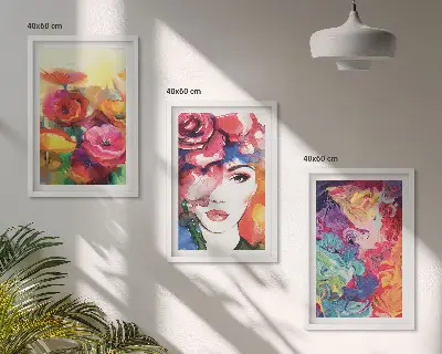 Wanddecoratieset met schilderijen intensieve bloemen en vrouwenportret