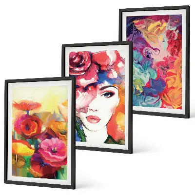 Wanddecoratieset met schilderijen intensieve bloemen en vrouwenportret