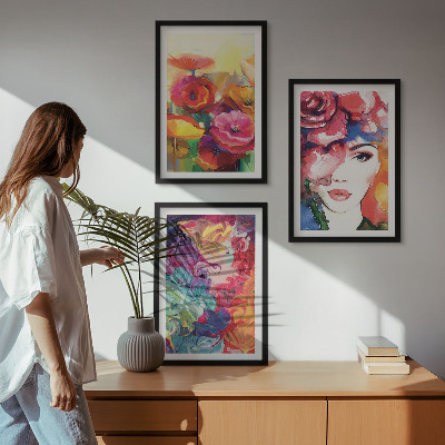 Wanddecoratie set schilderijen Kwiaty intensywne portret kobiety