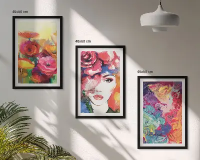 Wanddecoratieset met schilderijen intensieve bloemen en vrouwenportret