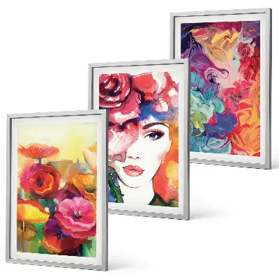 Wanddecoratieset met schilderijen intensieve bloemen en vrouwenportret