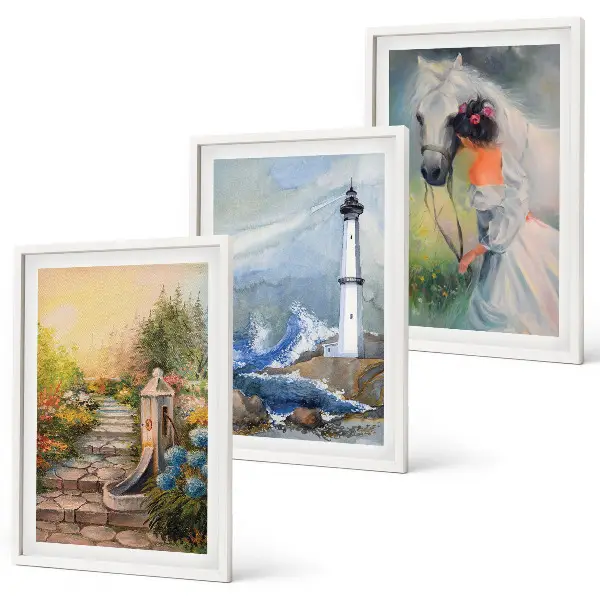Wanddecoratieset schilderijen scène van een vuurtoren met een meisje en een paard