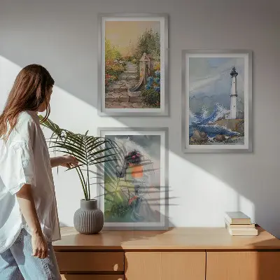 Wanddecoratieset schilderijen scène van een vuurtoren met een meisje en een paard