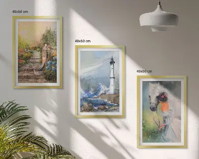 Wanddecoratieset schilderijen scène van een vuurtoren met een meisje en een paard