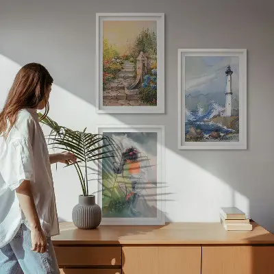 Wanddecoratieset schilderijen scène van een vuurtoren met een meisje en een paard