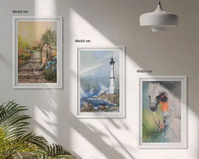 Wanddecoratieset schilderijen scène van een vuurtoren met een meisje en een paard