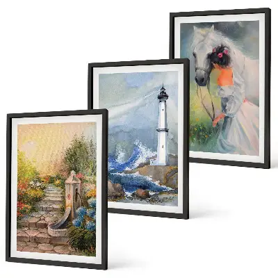 Wanddecoratieset schilderijen scène van een vuurtoren met een meisje en een paard