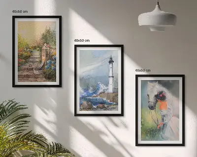 Wanddecoratieset schilderijen scène van een vuurtoren met een meisje en een paard