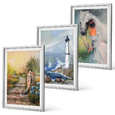 Wanddecoratieset schilderijen scène van een vuurtoren met een meisje en een paard
