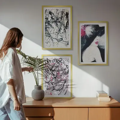 Wanddecoratieset met schilderijen abstracte verfpatronen met hoed