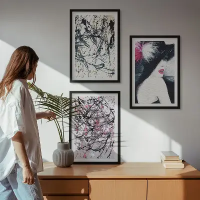 Wanddecoratieset met schilderijen abstracte verfpatronen met hoed