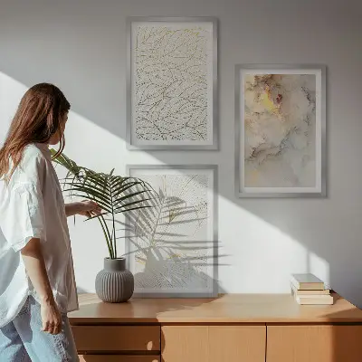 Fotowand met abstracte marmermotieven en bladeren