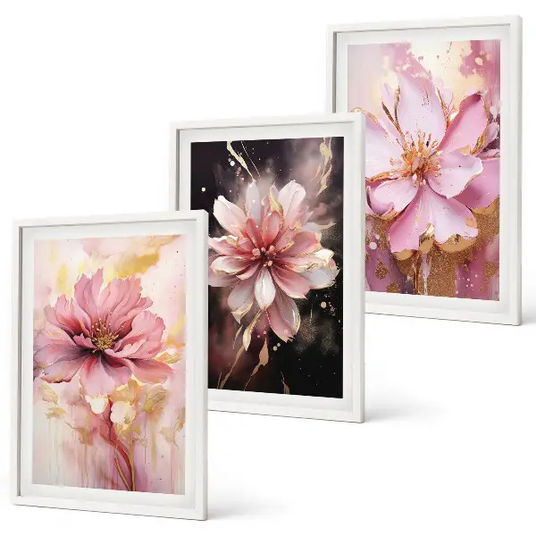 Wanddecoratieset schilderijen bloemcomposities in roze en wit