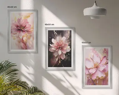 Wanddecoratieset schilderijen bloemcomposities in roze en wit