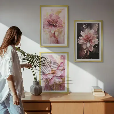 Wanddecoratieset schilderijen bloemcomposities in roze en wit