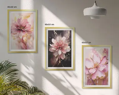 Wanddecoratieset schilderijen bloemcomposities in roze en wit
