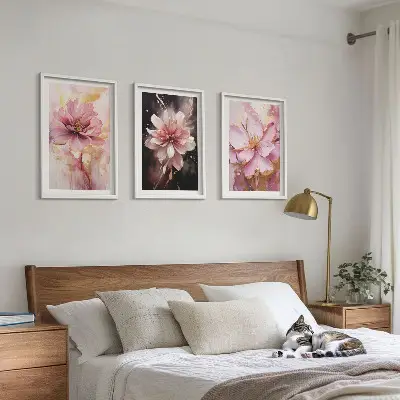 Wanddecoratieset schilderijen bloemcomposities in roze en wit