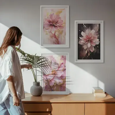 Wanddecoratieset schilderijen bloemcomposities in roze en wit