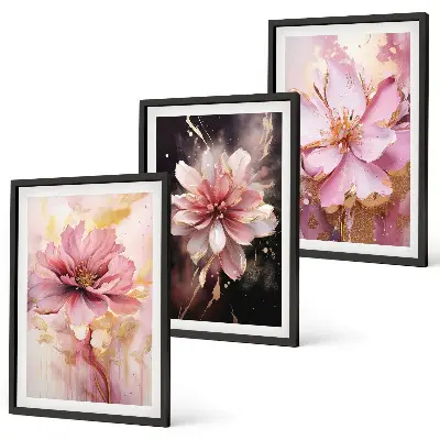 Wanddecoratieset schilderijen bloemcomposities in roze en wit