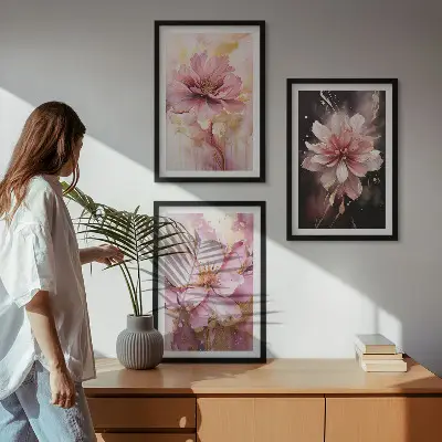Wanddecoratieset schilderijen bloemcomposities in roze en wit